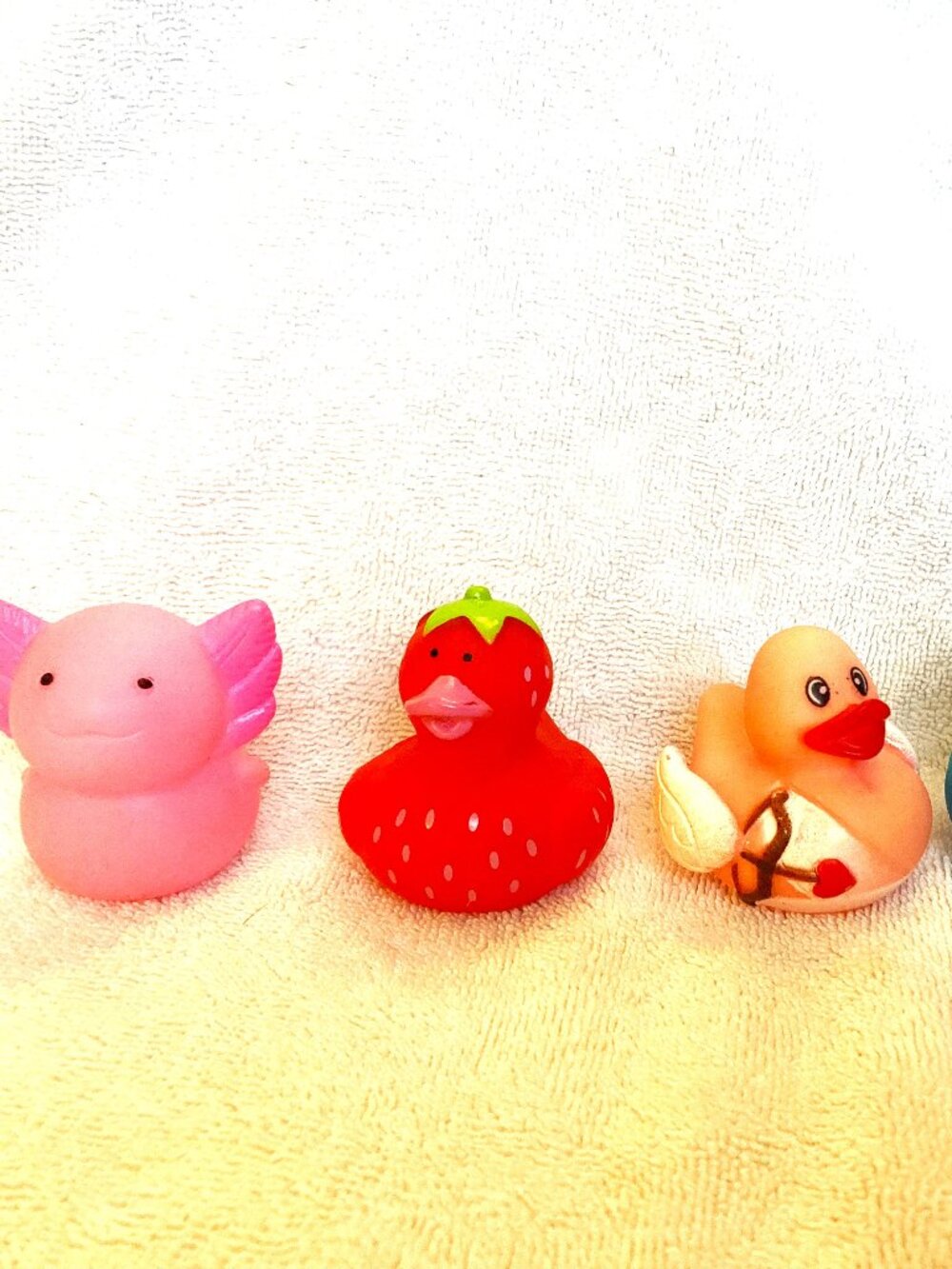 5 Plastic Unique Ducks, Strawberry Short Cake, Strawberry, Cupid, etc